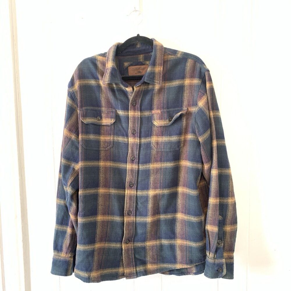 Orvis Mens Large Shacket Flannel Shirt Button Up Plaid Blue Brown Lumberjack